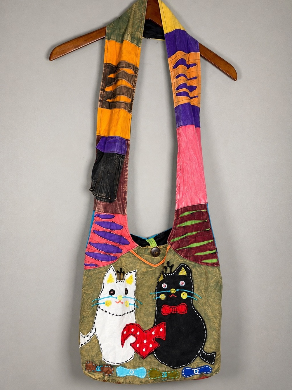 Embroidered Cat Patchwork Hobo Shoulder Bag Made in Nepal